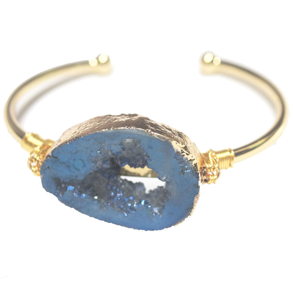 brass alloy natural druzy agate stone charm open cuff design bangle bracelet women boho women
