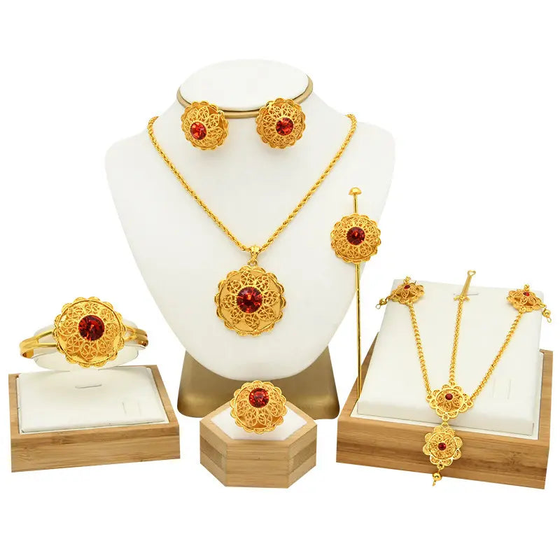traditional brass alloy traditional ethiopian 24k gold plated jewelry set statement necklace bracelet earring headwear 6pcs pack