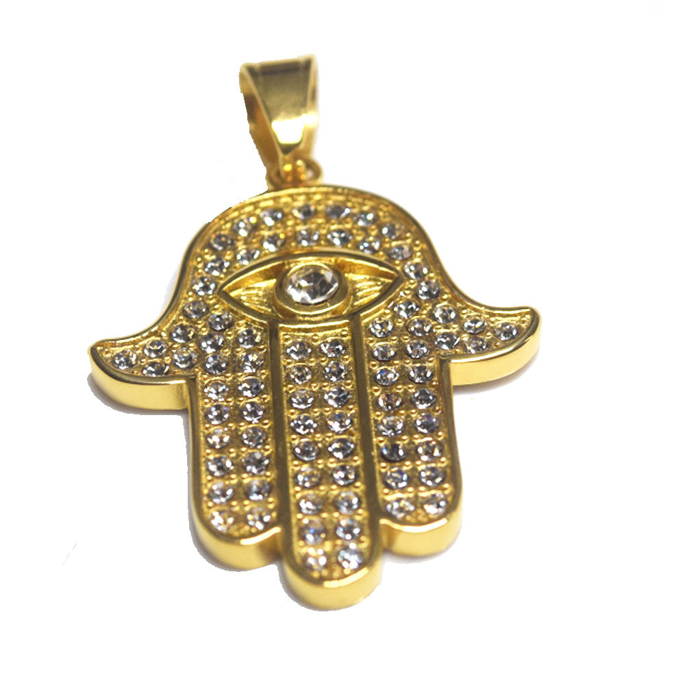 fashion trendy men's stainless steel zircon beads hand of fatima charm pendant necklace women and men hip hop jewelry