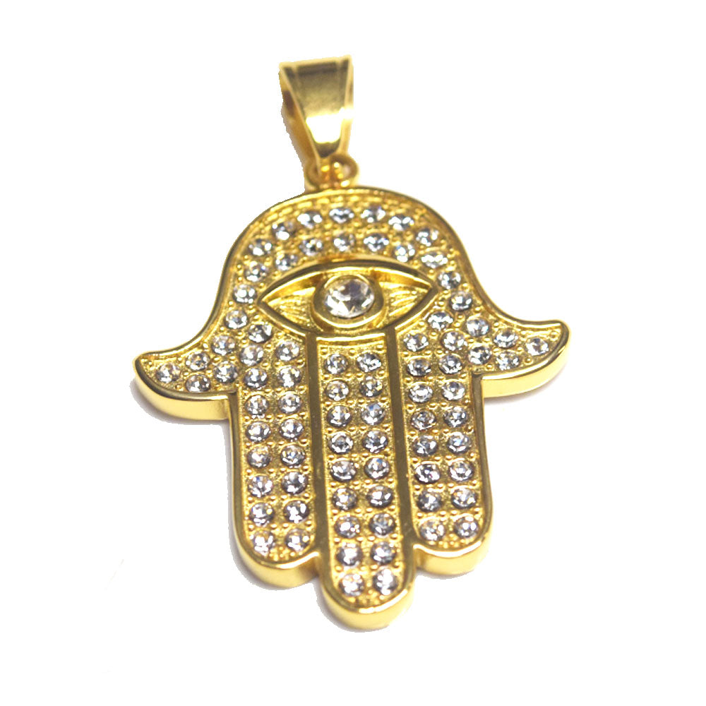 fashion trendy men's stainless steel zircon beads hand of fatima charm pendant necklace women and men hip hop jewelry