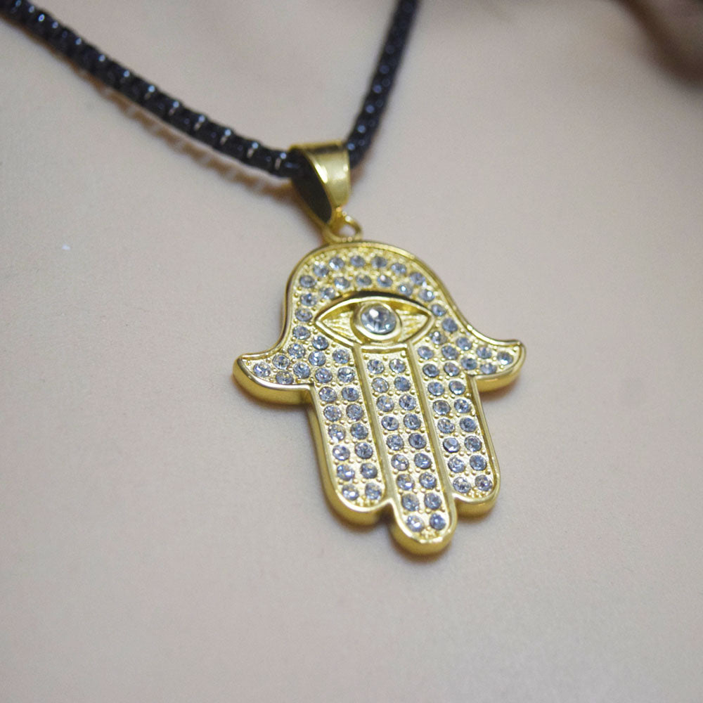 fashion trendy men's stainless steel zircon beads hand of fatima charm pendant necklace women and men hip hop jewelry