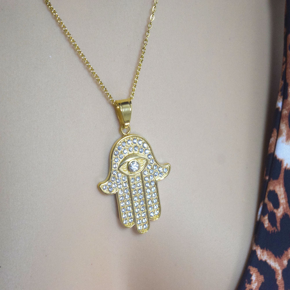 fashion trendy men's stainless steel zircon beads hand of fatima charm pendant necklace women and men hip hop jewelry