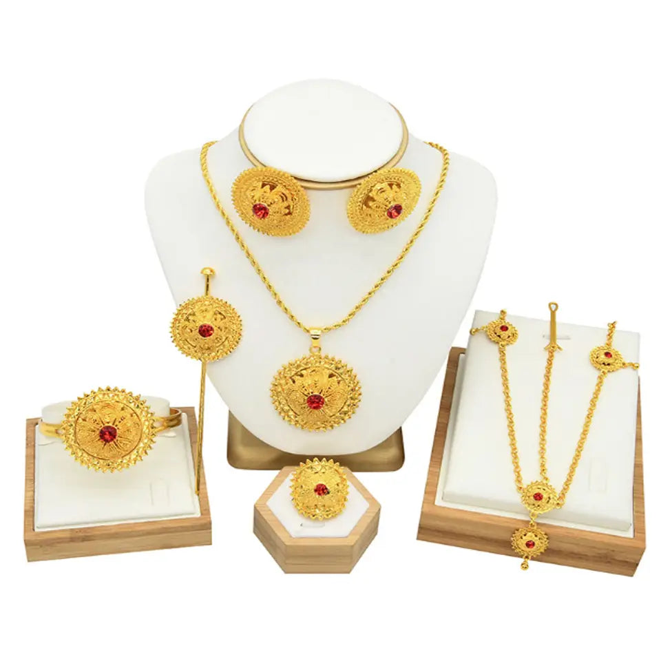 traditional brass alloy traditional ethiopian 24k gold plated jewelry set statement necklace bracelet earring headwear 6pcs pack