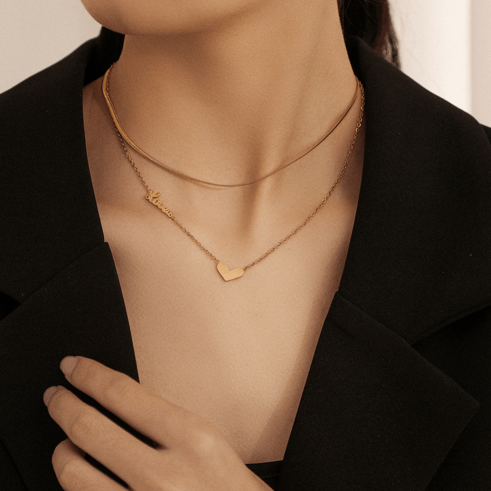 fashion stainless steel gold plated double layers heart charm love you letters double layers chain necklace women