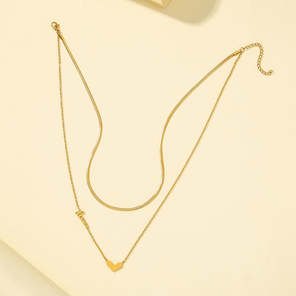 fashion stainless steel gold plated double layers heart charm love you letters double layers chain necklace women