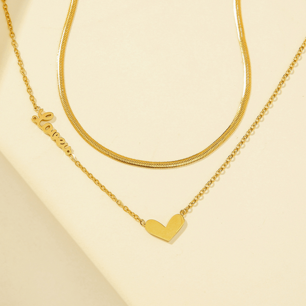 fashion stainless steel gold plated double layers heart charm love you letters double layers chain necklace women