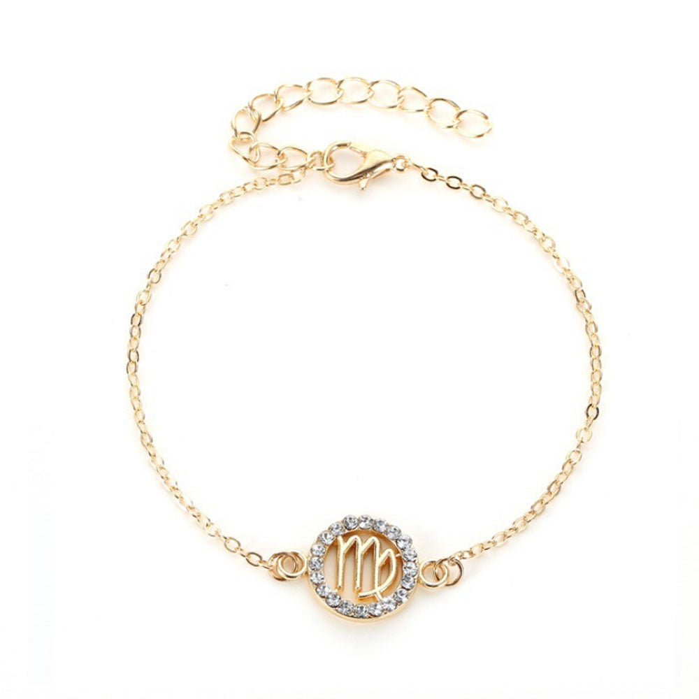 Fashion Adjustable Alloy Hollow Bracelet Jewelry Diamond Crystal Rhinestone Twelve Constellation Gold Zodiac Signs Woman Bracelet