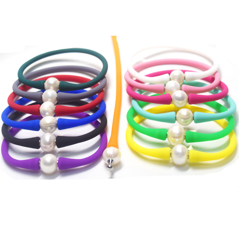 multi colors silicone wristband freshwater pearl bead charm silicone bracelets and necklaces jewelry