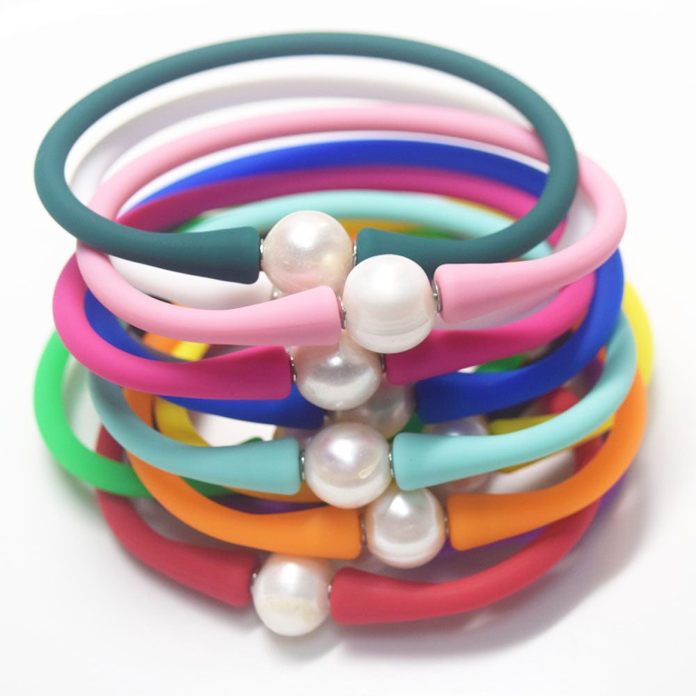 multi colors silicone wristband freshwater pearl bead charm silicone bracelets and necklaces jewelry