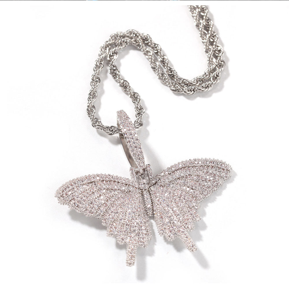 wholesale robe rope chain gold rose gold silver plated alloy cubic zirconia zircon beads micro paving bling butterfly iced necklace