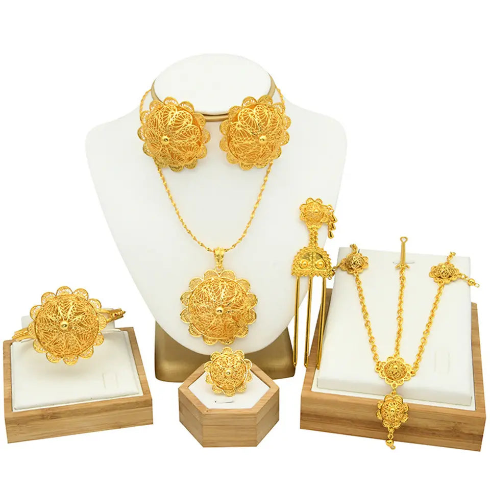 traditional brass alloy traditional ethiopian 24k gold plated jewelry set statement necklace bracelet earring headwear 6pcs pack