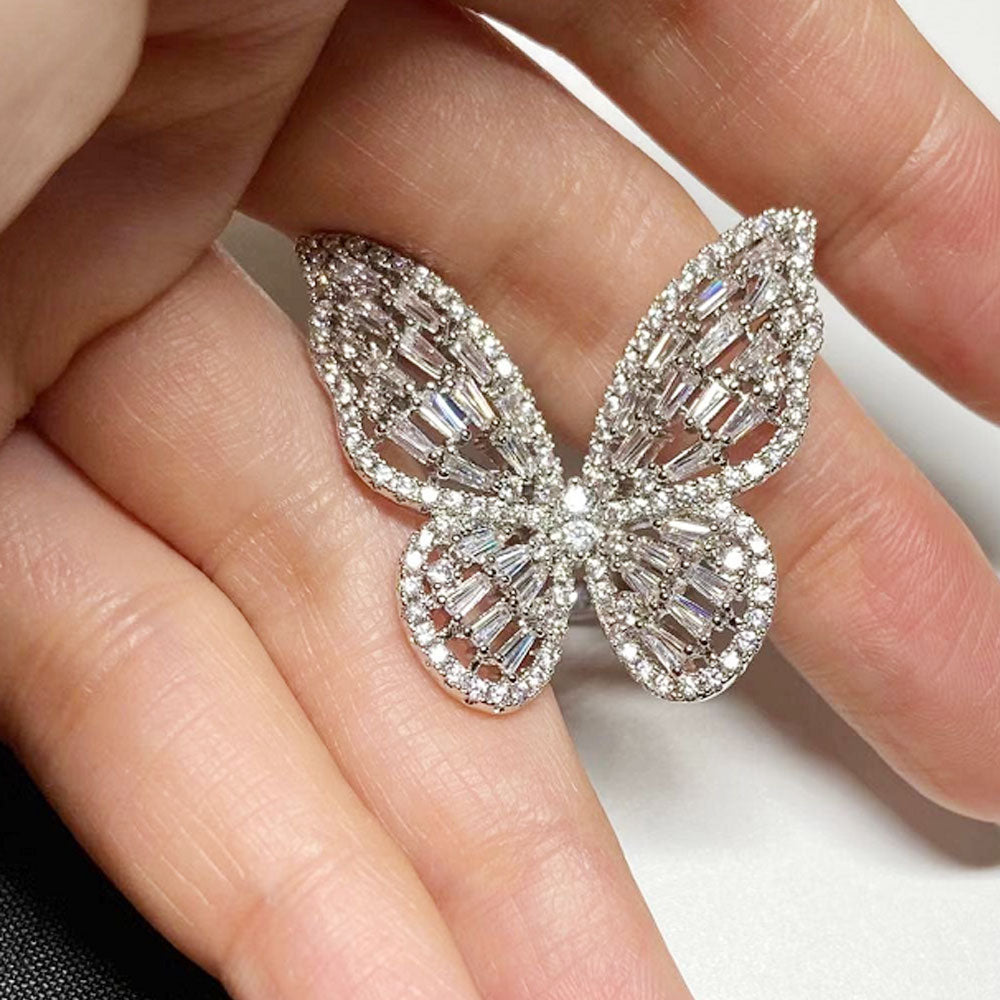 korean fashion brass 18k gold plated cubic zircon zirconia butterfly adjustable finger ring jewelry women