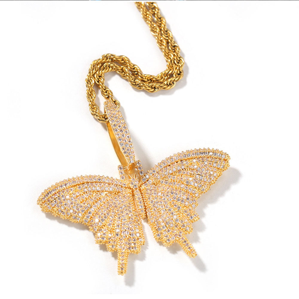 wholesale robe rope chain gold rose gold silver plated alloy cubic zirconia zircon beads micro paving bling butterfly iced necklace