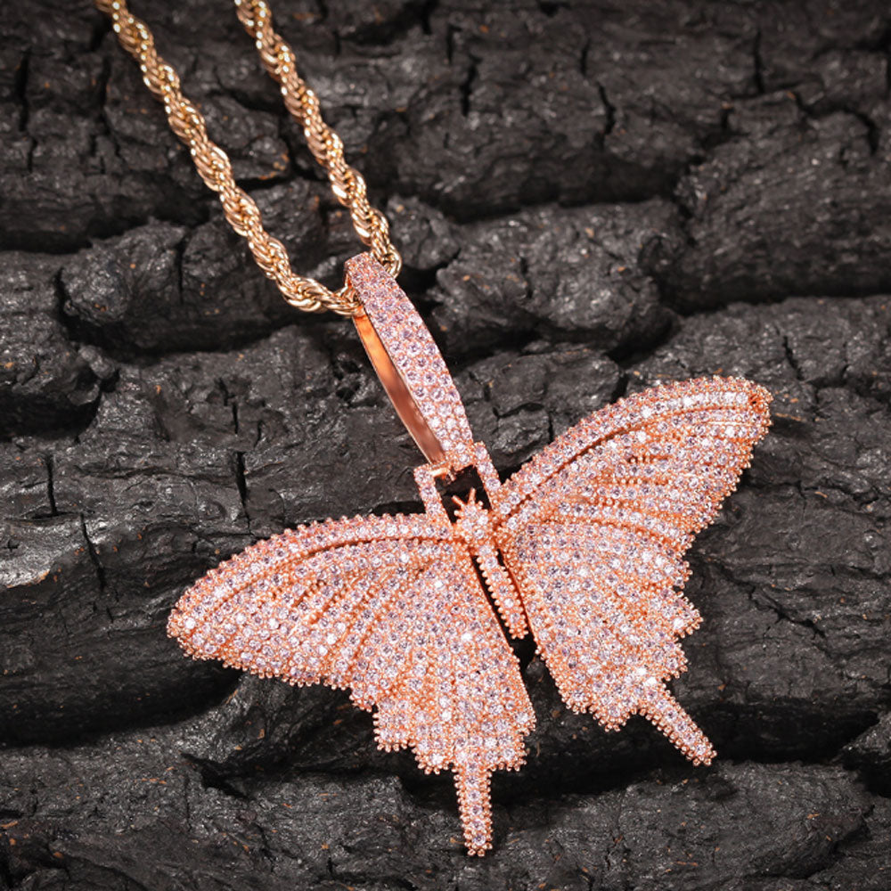 wholesale robe rope chain gold rose gold silver plated alloy cubic zirconia zircon beads micro paving bling butterfly iced necklace