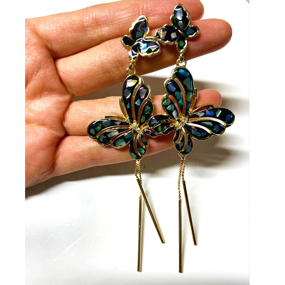 Wholesale long tassel earrings fashion jewelry enamel white black butterfly dangle drop hoop butterfly earring women