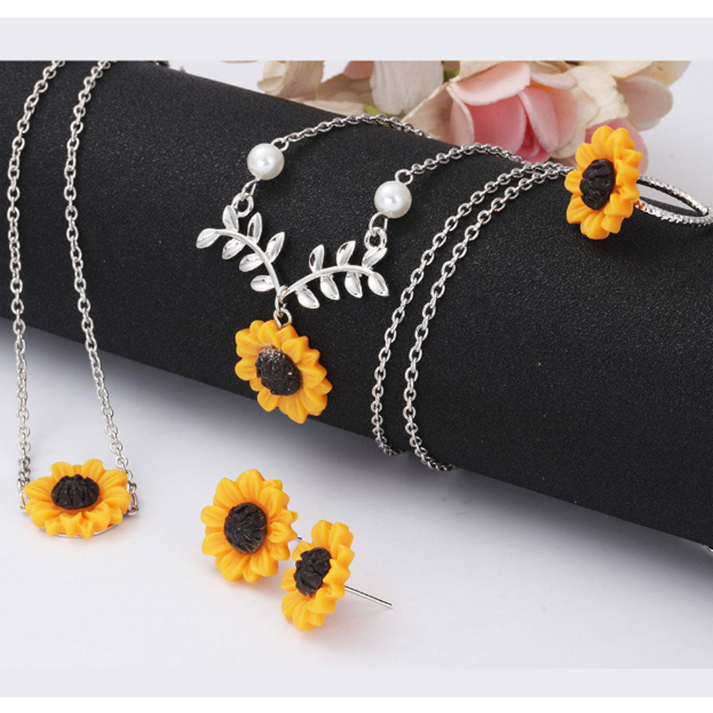 fashion hot selling yellow sunflower necklace bracelet earring set resin