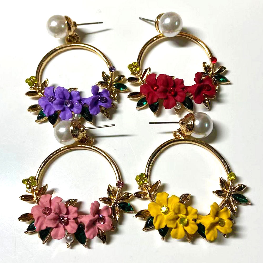 cheap boho multi-color cooper alloy acrylic enamel floral flower metal hoop earring for women
