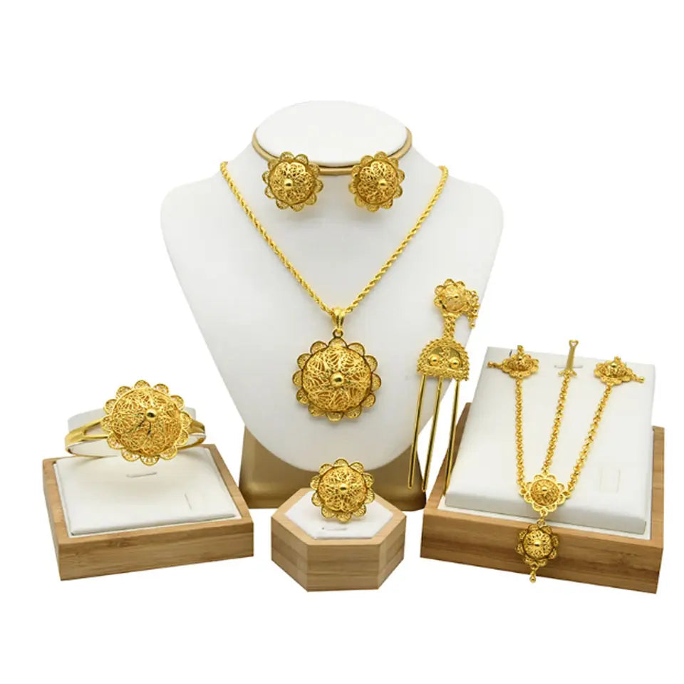 traditional brass alloy traditional ethiopian 24k gold plated jewelry set statement necklace bracelet earring headwear 6pcs pack