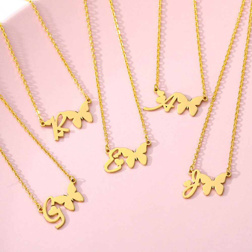 women stainless steel gold plated letter necklace initial with butterfly