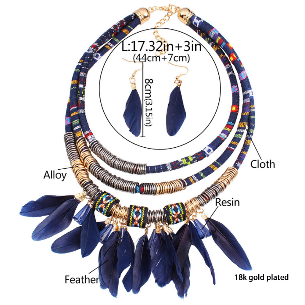 Wholesale Bold Bohemian layered collier femme African native American tribal women lucky real Feather necklace woven jewelry sets