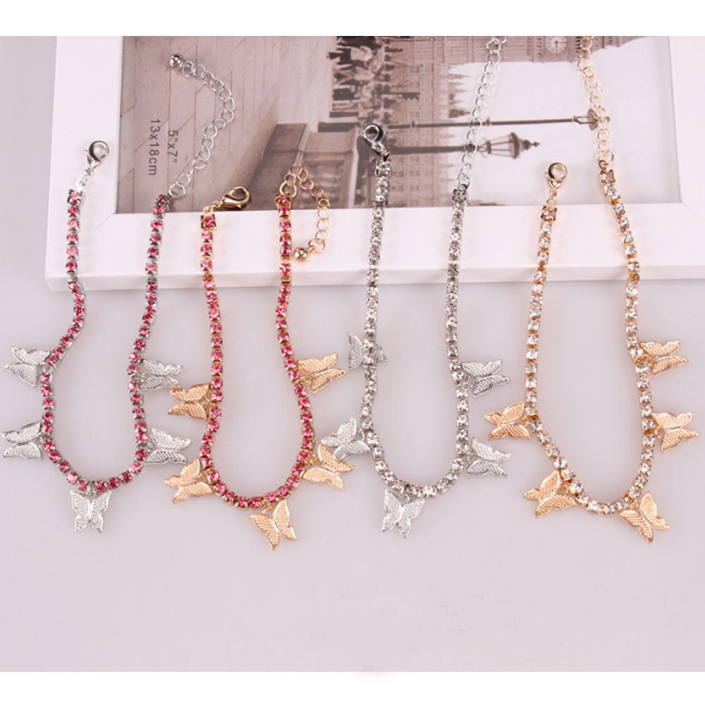 rhinestone beads diamond pink butterfly tennis anklet gold silver