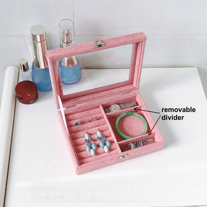 Pink Velvet jewelry tray with lid Luxury Wood Ring Earring Storage Case Display Box Organizer