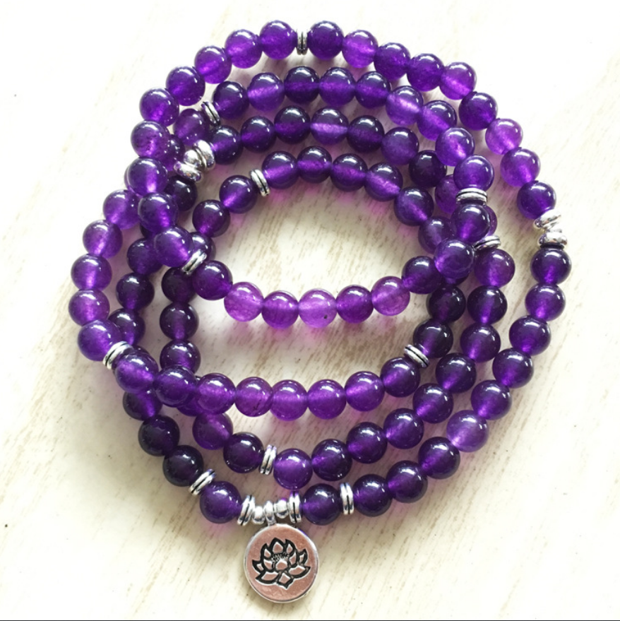 amethyst Natural stone Fashion Bracelet Necklace Elastic Cord Pure Handmade 108 Mala Prayer Meditation Yoga Beaded Jewelry