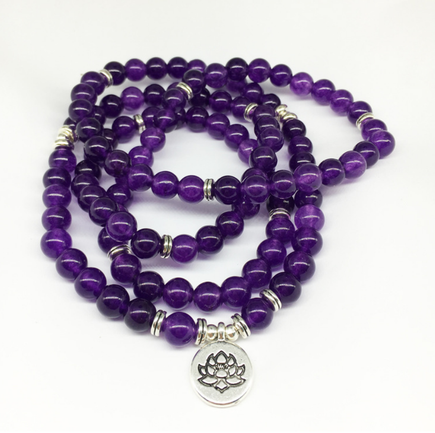 amethyst Natural stone Fashion Bracelet Necklace Elastic Cord Pure Handmade 108 Mala Prayer Meditation Yoga Beaded Jewelry