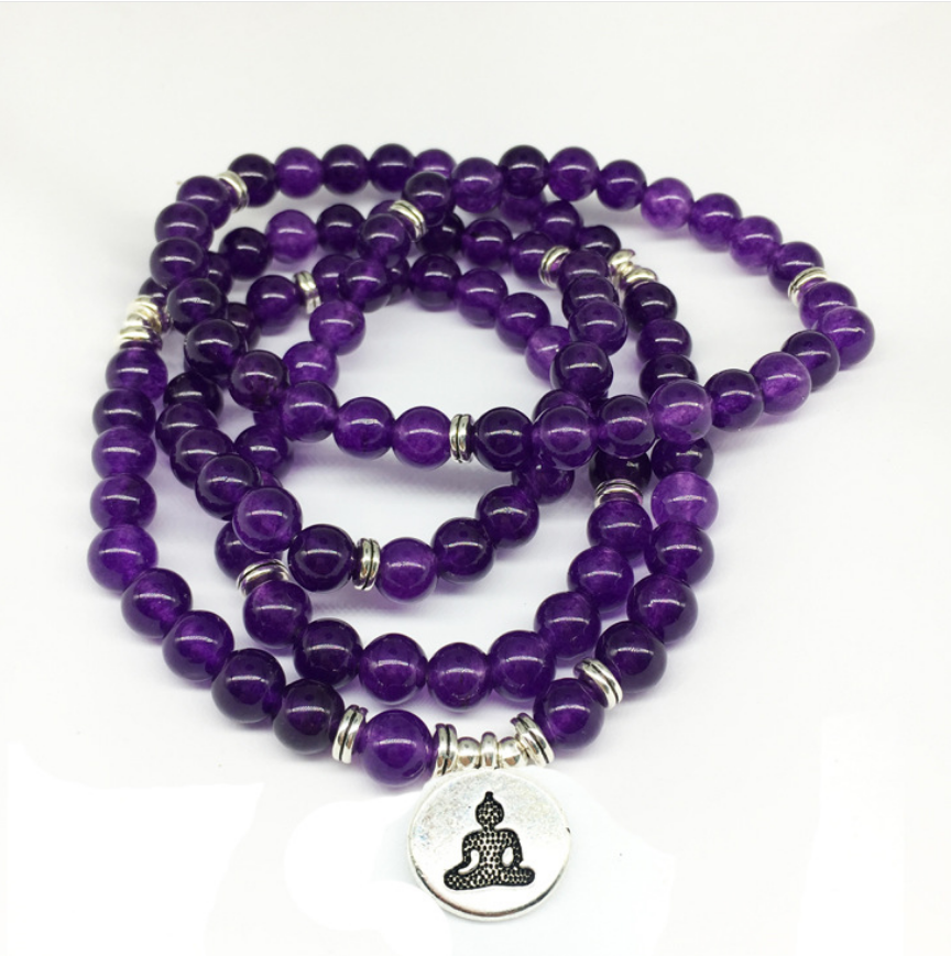 amethyst Natural stone Fashion Bracelet Necklace Elastic Cord Pure Handmade 108 Mala Prayer Meditation Yoga Beaded Jewelry