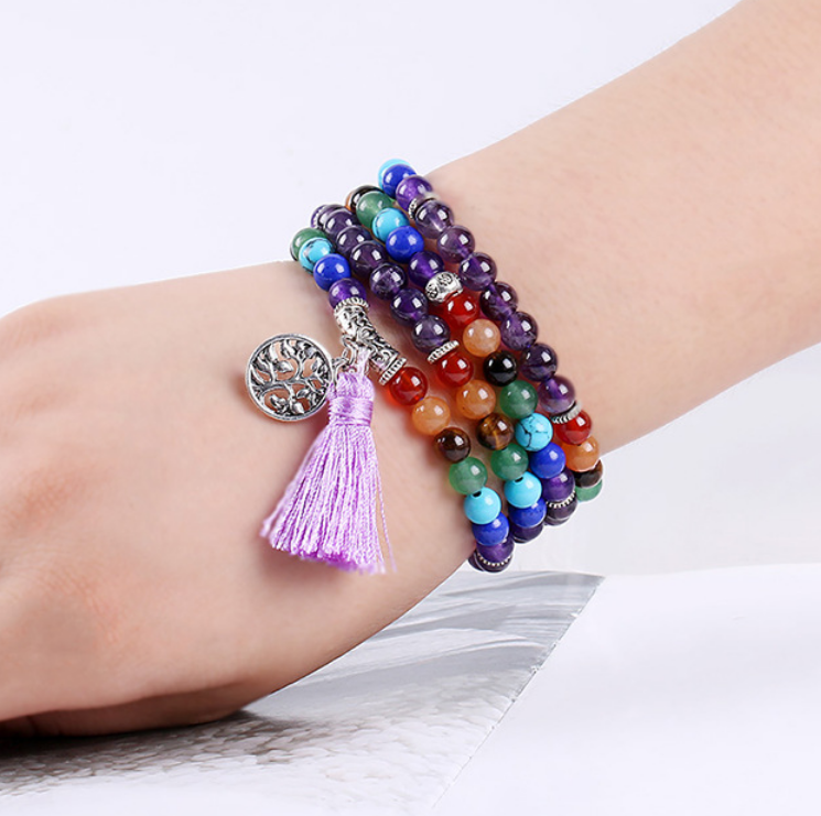 Natural 7 Chakra Bracelet Tiger Eye Gem-stone Handmade Elastic Cord Tassel Yoga Mala Meditation Prayer Beaded Jewelry Bracelet