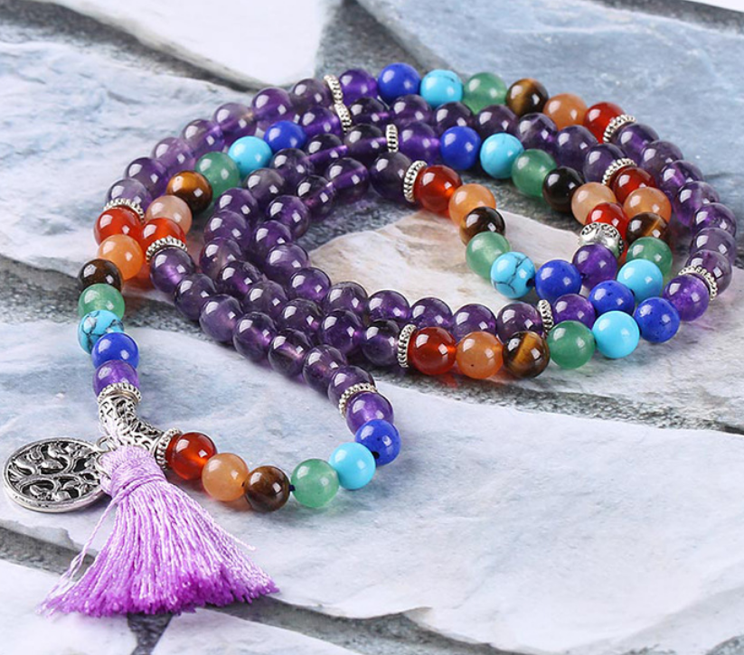 Natural 7 Chakra Bracelet Tiger Eye Gem-stone Handmade Elastic Cord Tassel Yoga Mala Meditation Prayer Beaded Jewelry Bracelet