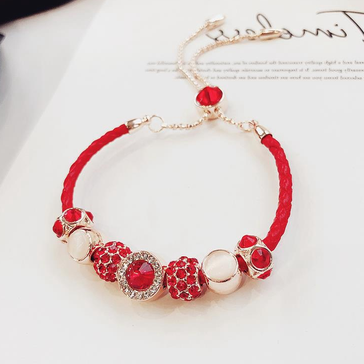 Fashion PU Leather Zircon Red Good Luck Adjustable Clasp good luck Bracelet for lady Women