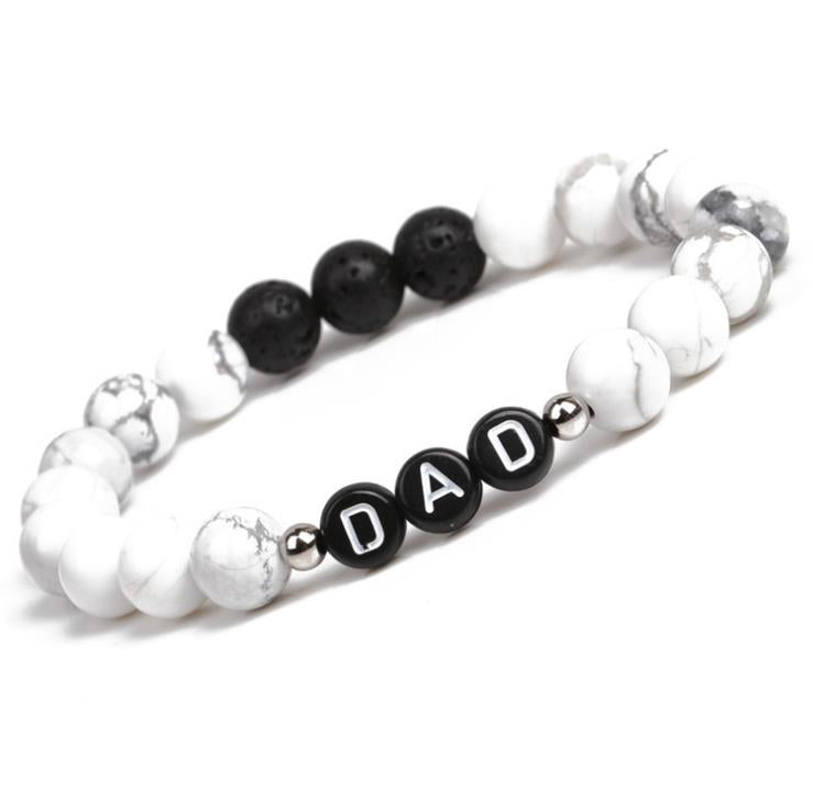 Natural Howlite and black onyx Gem-stone beaded Dad charm Father's Day gift bracelet