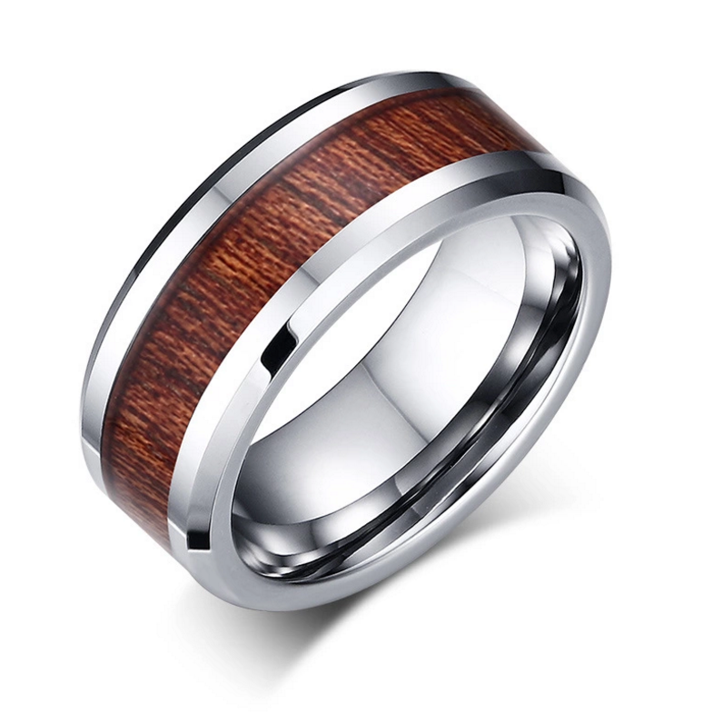 8mm brushed tungsten carbide steel Wood blank inlay silver color finger rings for men ring