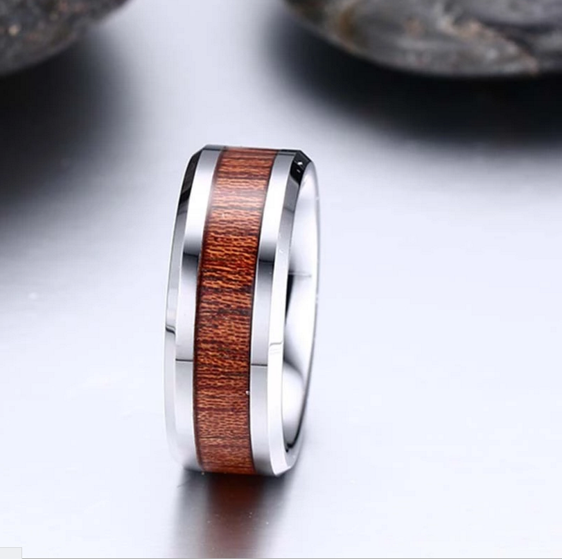 8mm brushed tungsten carbide steel Wood blank inlay silver color finger rings for men ring