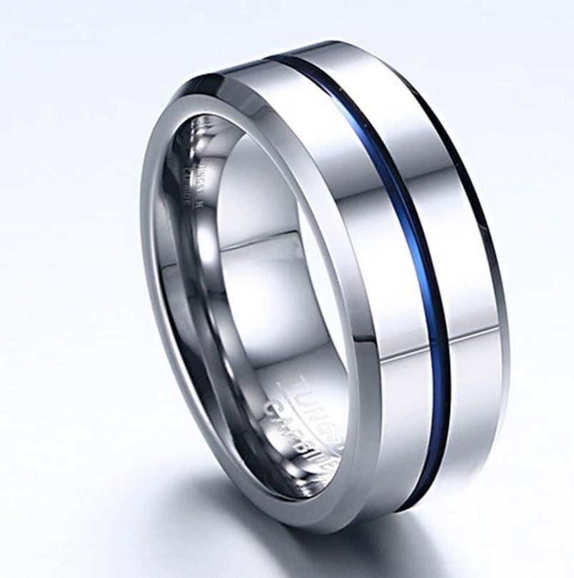 antique tungsten carbide steel ip blue color plated silver finger rings for men 8mm wide