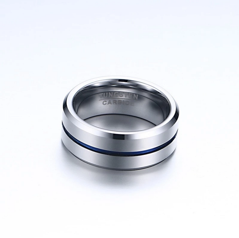 antique tungsten carbide steel ip blue color plated silver finger rings for men 8mm wide