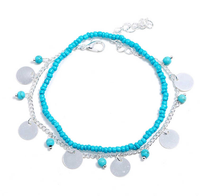 Double layer Blue glass seed beads turquoise stone beads silver and gold metal chain copper anklet beach jewelry