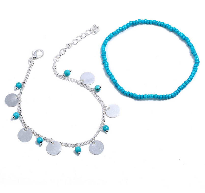 Double layer Blue glass seed beads turquoise stone beads silver and gold metal chain copper anklet beach jewelry