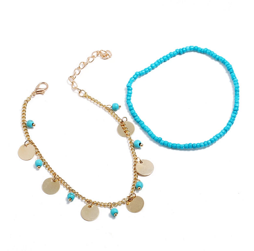 Double layer Blue glass seed beads turquoise stone beads silver and gold metal chain copper anklet beach jewelry