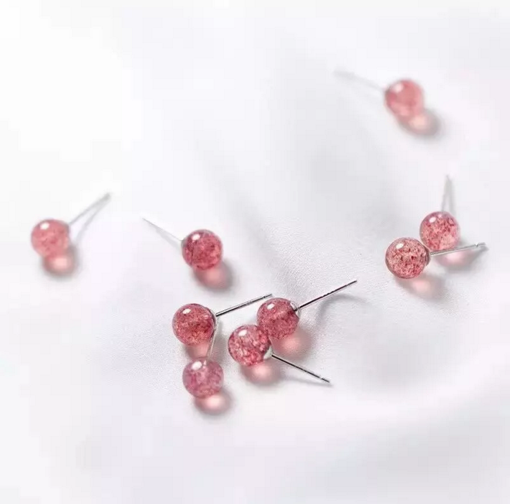 sterling silver pin round Natural Strawberry Quartz stone bead stud earring s925 Korean for women