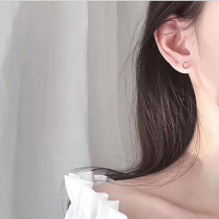 sterling silver pin round Natural Strawberry Quartz stone bead stud earring s925 Korean for women