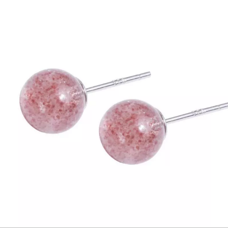sterling silver pin round Natural Strawberry Quartz stone bead stud earring s925 Korean for women