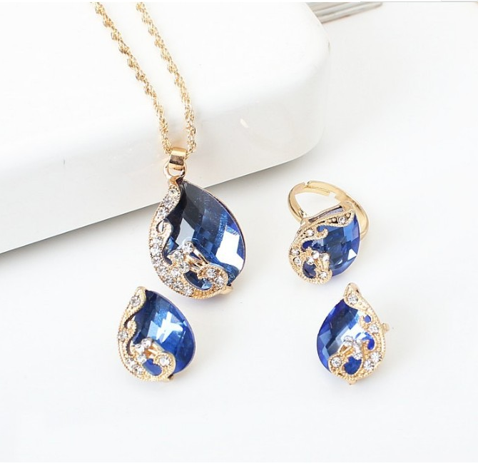 Glass Rhinestone crystal water drop collection jewelry necklace and earring ring sets wholesale wedding jewelry women
