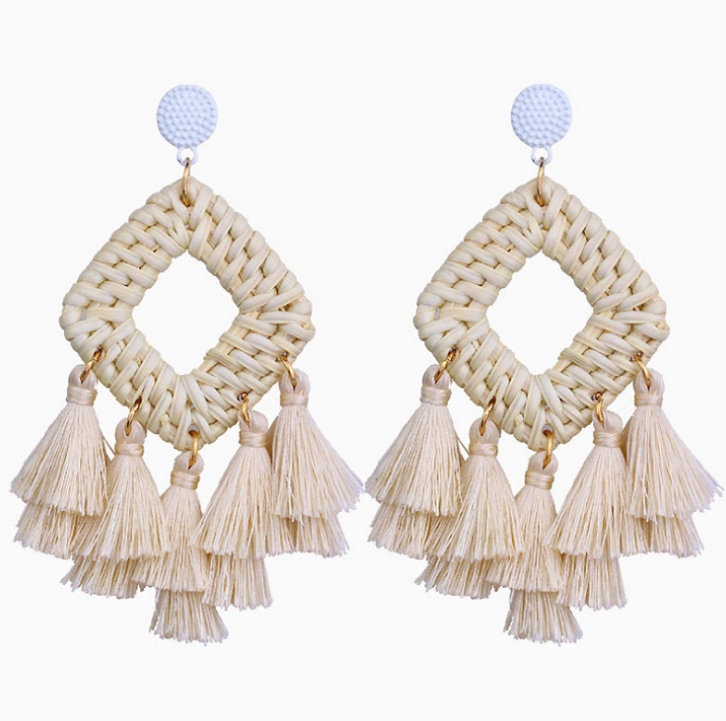 Fabric Tassel Rattan dangle bohemian Earrings Handmade Woven Earring Jewelry