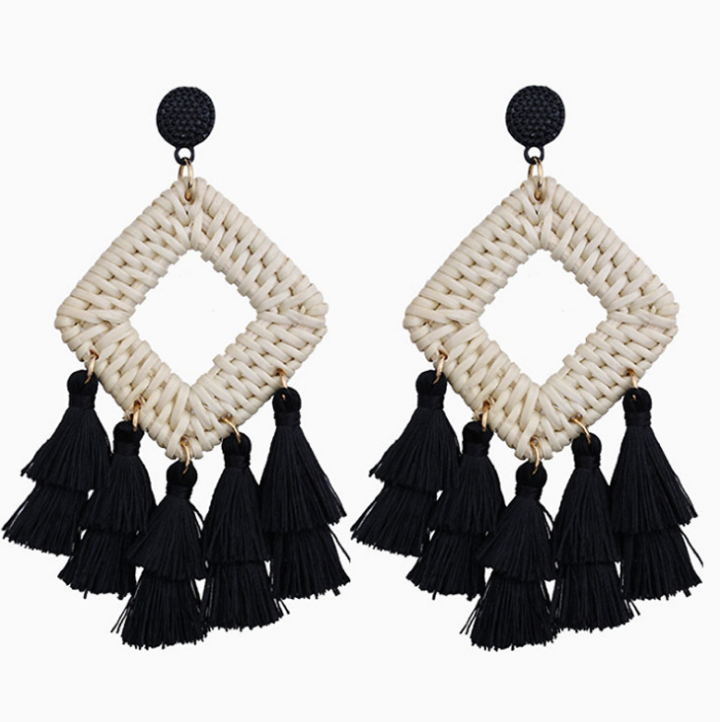 Fabric Tassel Rattan dangle bohemian Earrings Handmade Woven Earring Jewelry