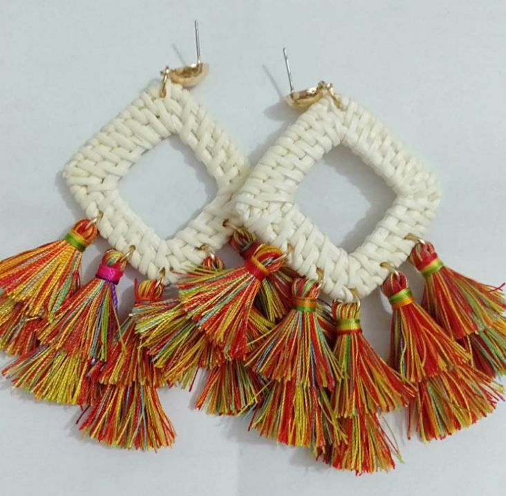 Fabric Tassel Rattan dangle bohemian Earrings Handmade Woven Earring Jewelry