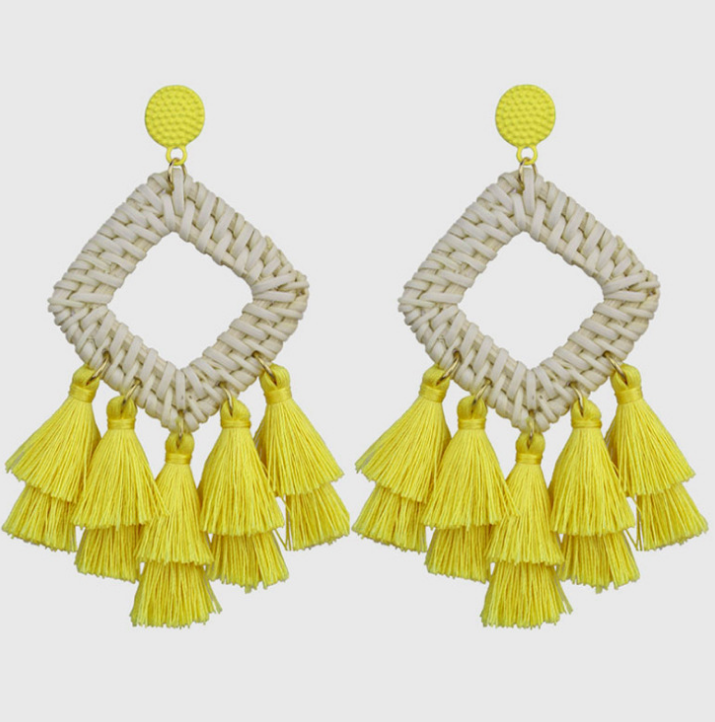 Fabric Tassel Rattan dangle bohemian Earrings Handmade Woven Earring Jewelry