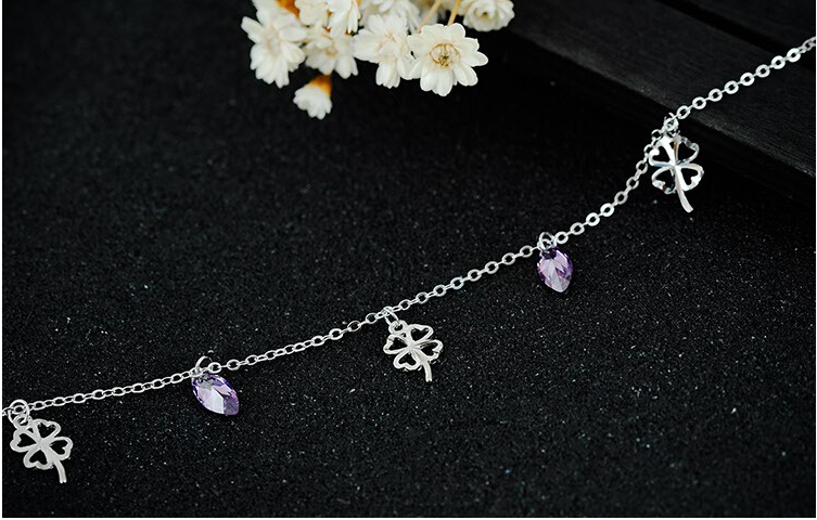 new design rhinestone crystal purple and Four Leaf Clover anklet 925 sterling silver