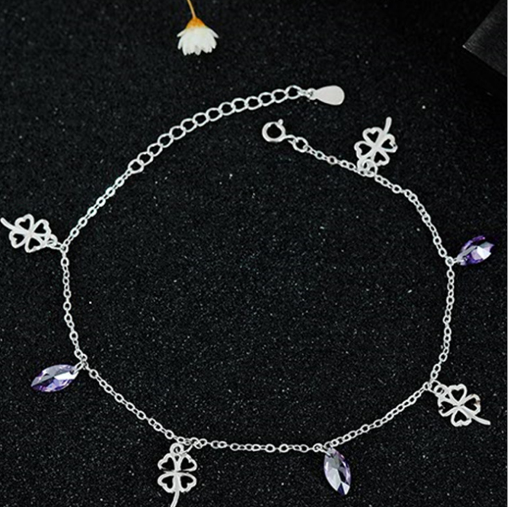 new design rhinestone crystal purple and Four Leaf Clover anklet 925 sterling silver